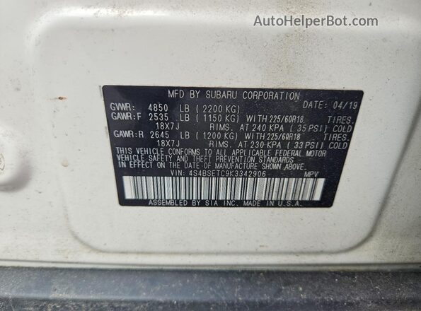 4S4BSETC9K3342906 2019 SUBARU OUTBACK White Панорамний вид салону 360°