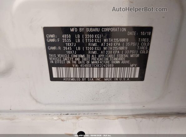 4S4BSETCXK3242989 2019 SUBARU OUTBACK White Widok komory silnika