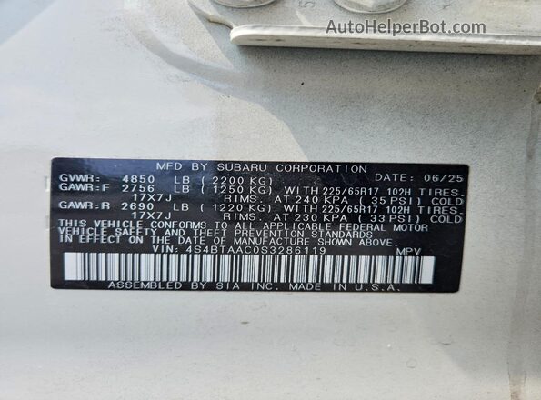 4S4BTAAC0S3286119 2025 SUBARU OUTBACK White Շարժիչի բաժամունքի տեսք
