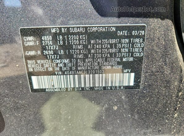 4S4BTAAC3L3201503 2020 SUBARU OUTBACK Gray Սալոնի 360 աստիճան տեսք