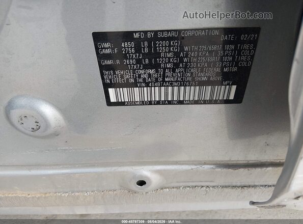 4S4BTAAC3M3176751 2021 SUBARU OUTBACK Silver Widok komory silnika