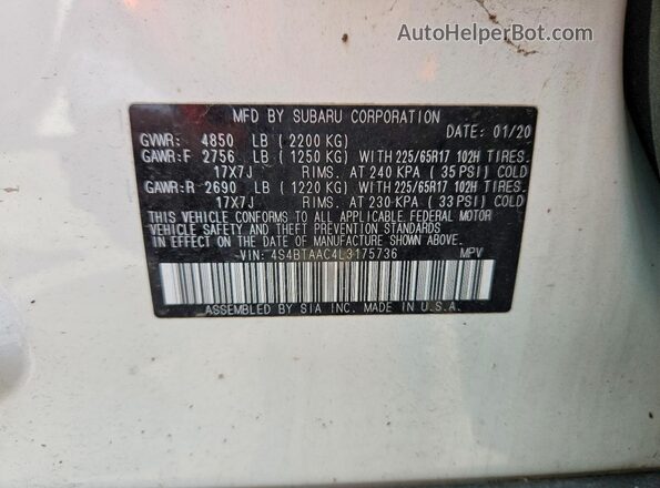 4S4BTAAC4L3175736 2020 SUBARU OUTBACK White Вид підкапотного простору