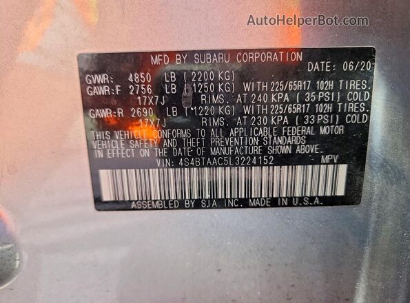 4S4BTAAC5L3224152 2020 SUBARU OUTBACK Silver Widok naklejki z numerem VIN