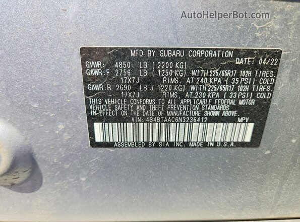 4S4BTAAC6N3236412 2022 SUBARU OUTBACK Серебряный Вид наклейки с VIN-кодом