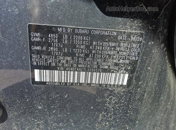 4S4BTAAC7L3256570 2020 SUBARU OUTBACK Gray VIN sticker view