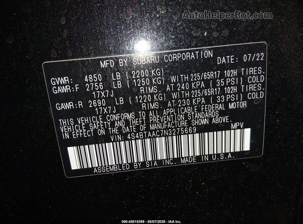 4S4BTAAC7N3275669 2022 SUBARU OUTBACK Черный Вид подкапотного пространства