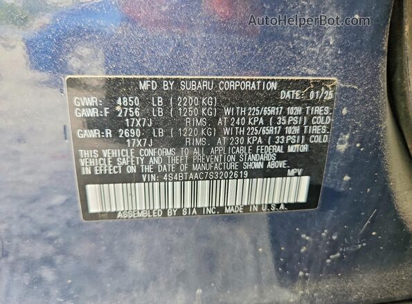4S4BTAAC7S3202619 2025 SUBARU OUTBACK Синий Вид наклейки с VIN-кодом