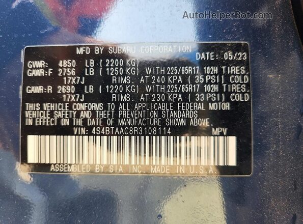 4S4BTAAC8R3108114 2024 SUBARU OUTBACK Blue Widok komory silnika