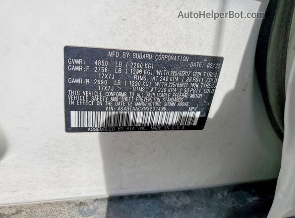 4S4BTAACXN3201436 2022 SUBARU OUTBACK White Вид підкапотного простору