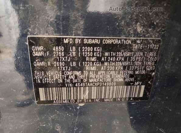 4S4BTAACXP3149809 2023 SUBARU OUTBACK Blue Вид наклейки з VIN-кодом