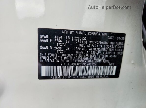 4S4BTACC0S3208727 2025 SUBARU OUTBACK White VIN კოდის სტიკერის ხედი