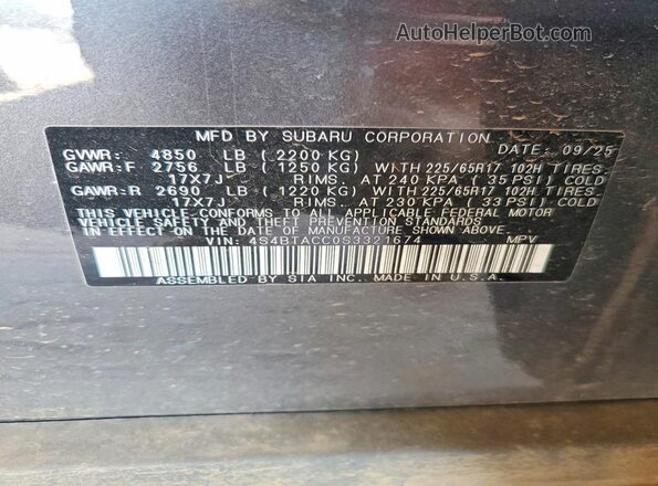 4S4BTACC0S3321674 2025 SUBARU OUTBACK Charcoal Вид наклейки з VIN-кодом