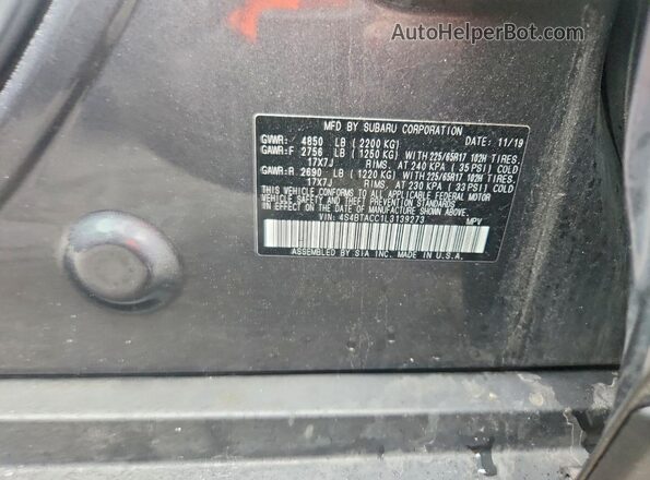 4S4BTACC1L3139273 2020 SUBARU OUTBACK Gray 360 interior view