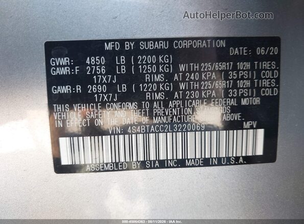 4S4BTACC2L3220069 2020 SUBARU OUTBACK Silver ძრავის განყოფილების ხედი