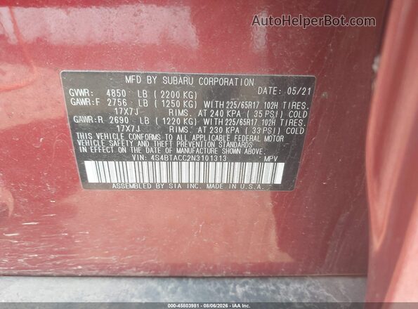 4S4BTACC2N3101313 2022 SUBARU OUTBACK Maroon ძრავის განყოფილების ხედი