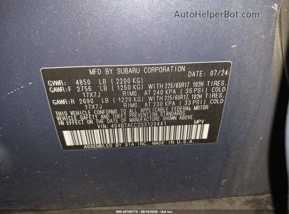 4S4BTACC2S3120441 2025 SUBARU OUTBACK Dark Blue Вид подкапотного пространства