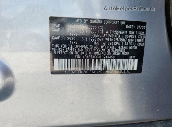 4S4BTACC3L3240458 2020 SUBARU OUTBACK Silver 360 interior view