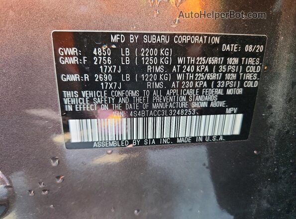 4S4BTACC3L3248253 2020 SUBARU OUTBACK Gray VIN sticker view