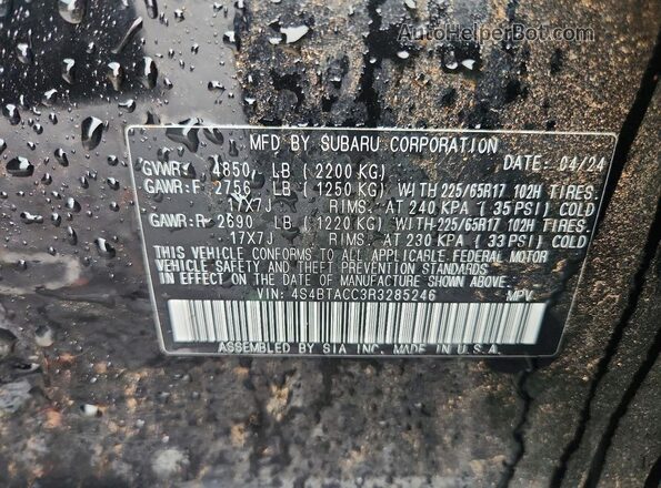 4S4BTACC3R3285246 2024 SUBARU OUTBACK Black Widok naklejki z numerem VIN