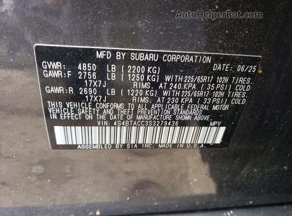 4S4BTACC3S3279436 2025 SUBARU OUTBACK Charcoal Widok naklejki z numerem VIN