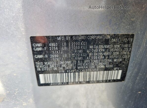 4S4BTACC4L3157458 2020 SUBARU OUTBACK Silver VIN կոդի պիտակի տեսք