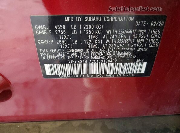 4S4BTACC4L3190492 2020 SUBARU OUTBACK Красный Вид наклейки с VIN-кодом