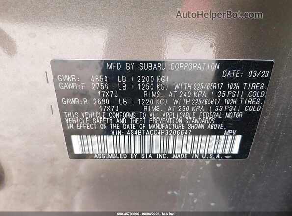 4S4BTACC4P3206647 2023 SUBARU OUTBACK Gray Widok komory silnika