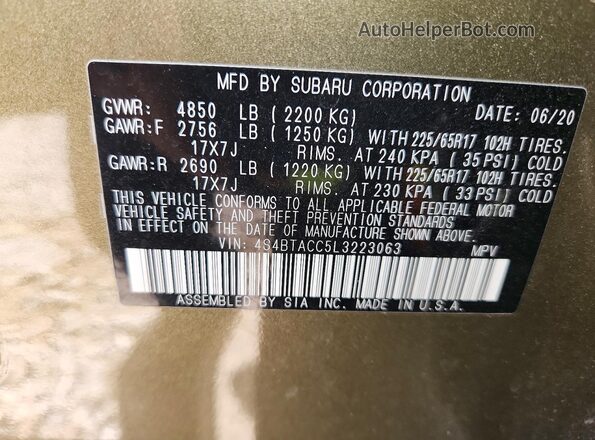 4S4BTACC5L3223063 2020 SUBARU OUTBACK Зеленый Вид подкапотного пространства