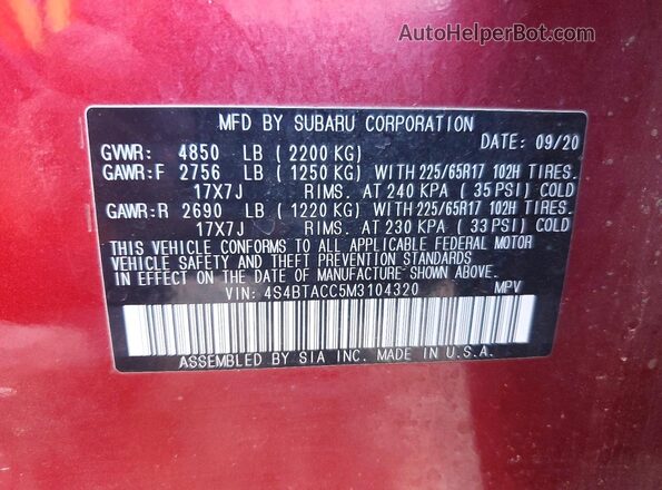 4S4BTACC5M3104320 2021 SUBARU OUTBACK Red Շարժիչի բաժամունքի տեսք