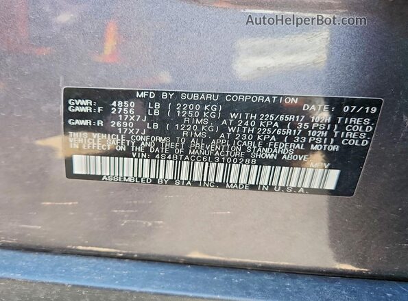 4S4BTACC6L3100288 2020 SUBARU OUTBACK Gray Вид наклейки з VIN-кодом