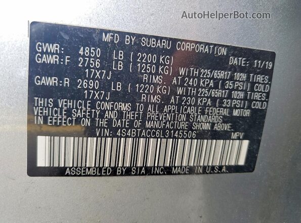 4S4BTACC6L3145506 2020 SUBARU OUTBACK Черный Панорамный вид салона 360°