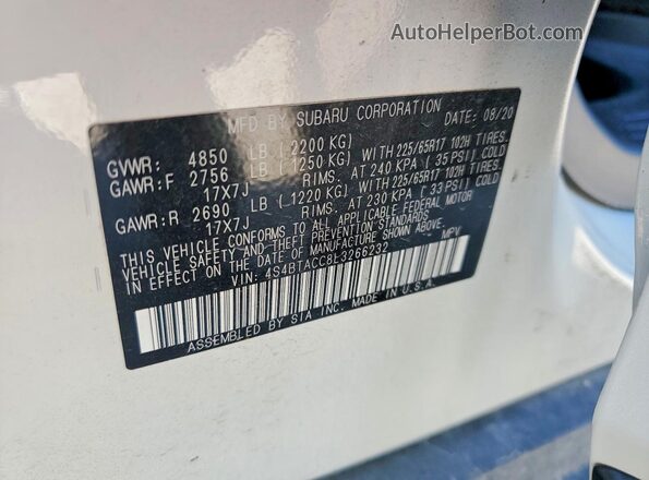 4S4BTACC8L3266232 2020 SUBARU OUTBACK Белый Панорамный вид салона 360°