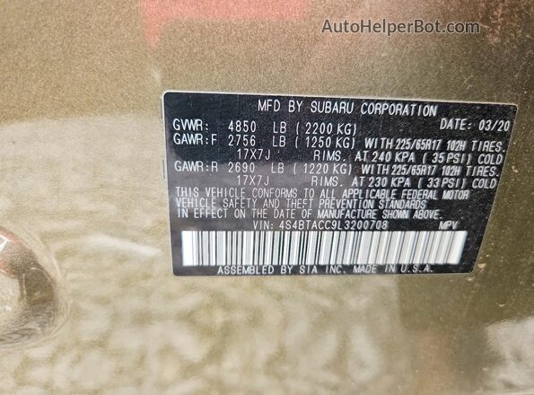 4S4BTACC9L3200708 2020 SUBARU OUTBACK Зеленый Вид наклейки с VIN-кодом