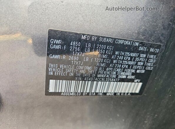 4S4BTACC9L3258477 2020 SUBARU OUTBACK Gray Вид наклейки з VIN-кодом