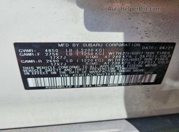 4S4BTACC9N3101938 2022 SUBARU OUTBACK White Widok wnętrza 360 stopni