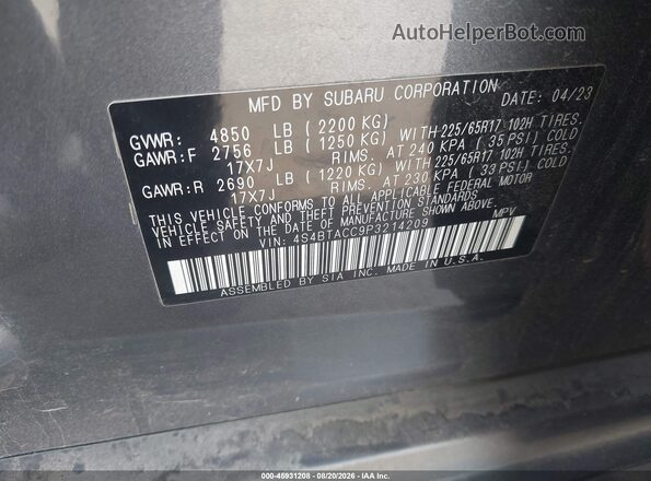 4S4BTACC9P3214209 2023 SUBARU OUTBACK Gray Вид підкапотного простору