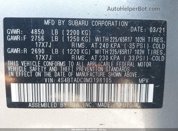 4S4BTADC0M3198105 2021 SUBARU OUTBACK Gray ძრავის განყოფილების ხედი
