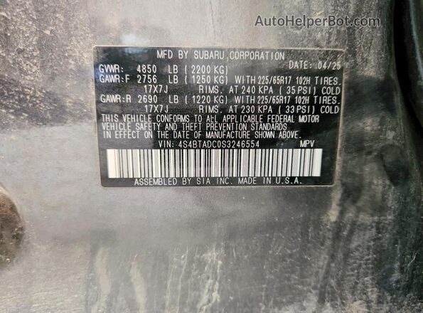 4S4BTADC0S3246554 2025 SUBARU OUTBACK Gray VIN sticker view