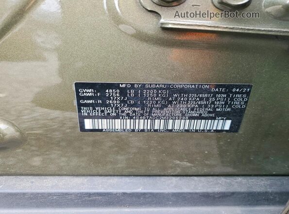 4S4BTADC2M3206298 2021 SUBARU OUTBACK Green 360 interior view