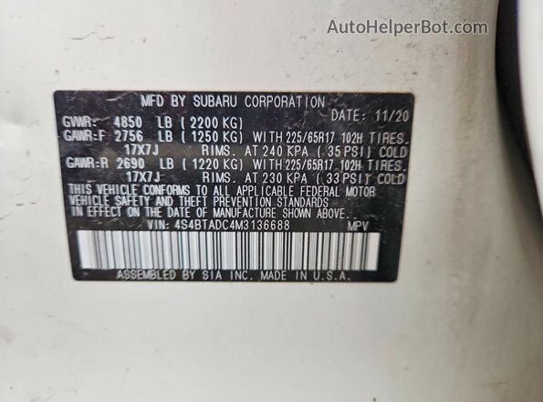 4S4BTADC4M3136688 2021 SUBARU OUTBACK White Vista de la etiqueta del VIN