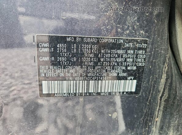 4S4BTADC4P3145671 2023 SUBARU OUTBACK Blue VIN კოდის სტიკერის ხედი