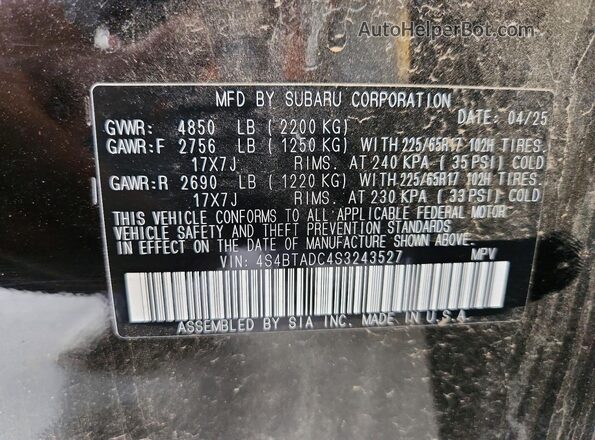 4S4BTADC4S3243527 2025 SUBARU OUTBACK Черный Вид подкапотного пространства