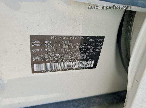 4S4BTADC4S3306545 2025 SUBARU OUTBACK White Вид наклейки з VIN-кодом