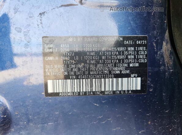 4S4BTADC5M3213309 2021 SUBARU OUTBACK Blue Vista de la etiqueta del VIN