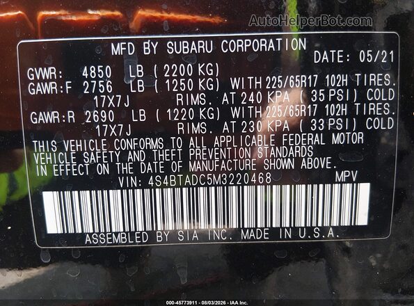 4S4BTADC5M3220468 2021 SUBARU OUTBACK Black ძრავის განყოფილების ხედი