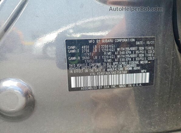 4S4BTADC5N3156160 2022 SUBARU OUTBACK Gray Vista de la etiqueta del VIN