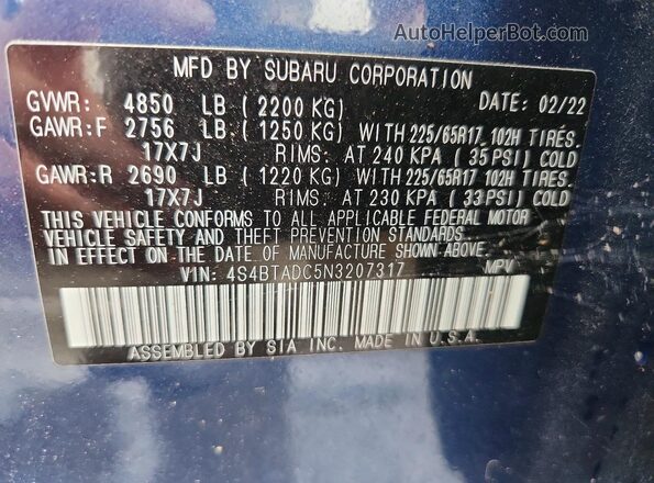 4S4BTADC5N3207317 2022 SUBARU OUTBACK Синий Вид наклейки с VIN-кодом