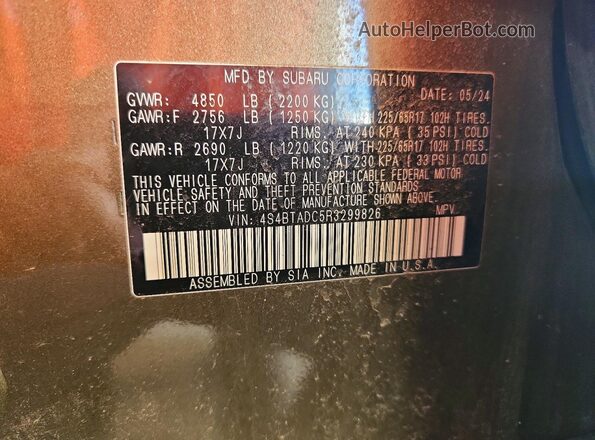4S4BTADC5R3299826 2024 SUBARU OUTBACK Green VIN კოდის სტიკერის ხედი