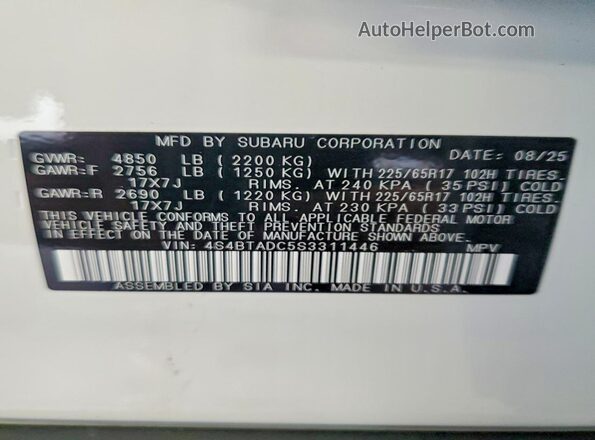 4S4BTADC5S3311446 2025 SUBARU OUTBACK White 360 interior view