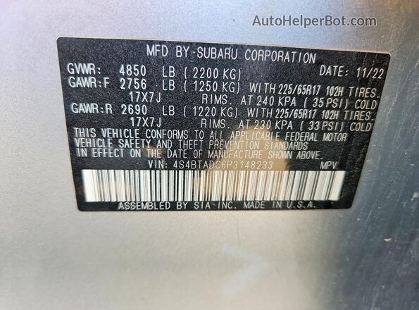 4S4BTADC6P3148233 2023 SUBARU OUTBACK Серебряный Вид наклейки с VIN-кодом